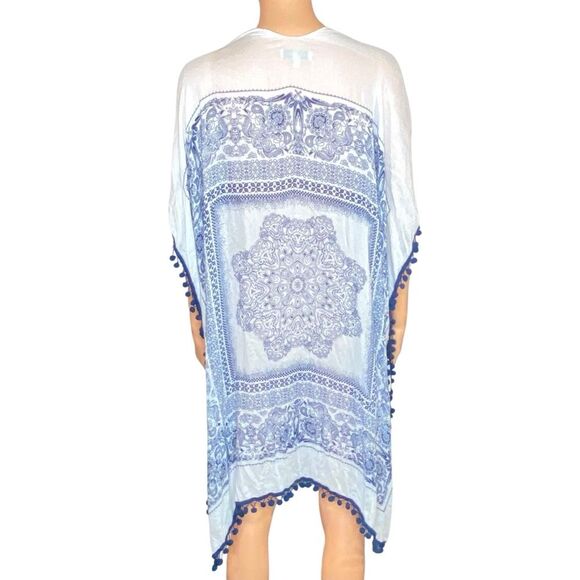 Woven Heart Blue White Kimono Swim Coverup Boho Hippie w Pom Pom Trim One Size - Picture 3 of 5